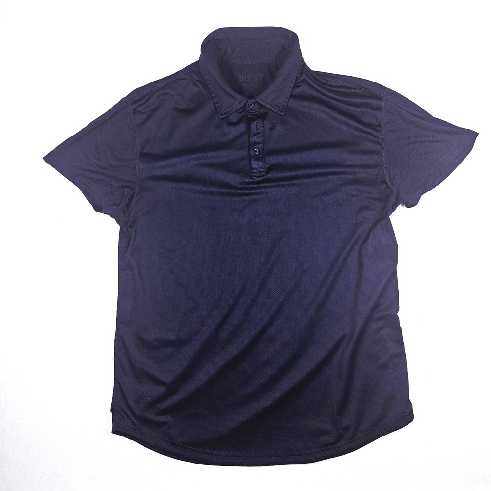 BYLT Polo Men's‎ Large Navy Blue Shorts Sleeve Stretch Curve Hem